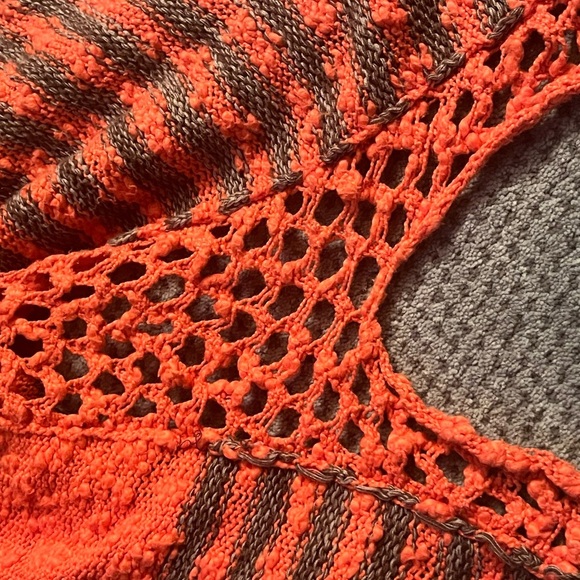 Free People Oversized Open Knit Sweater Stripe Weave Crochet Boho Scallop parka - Picture 7 of 9